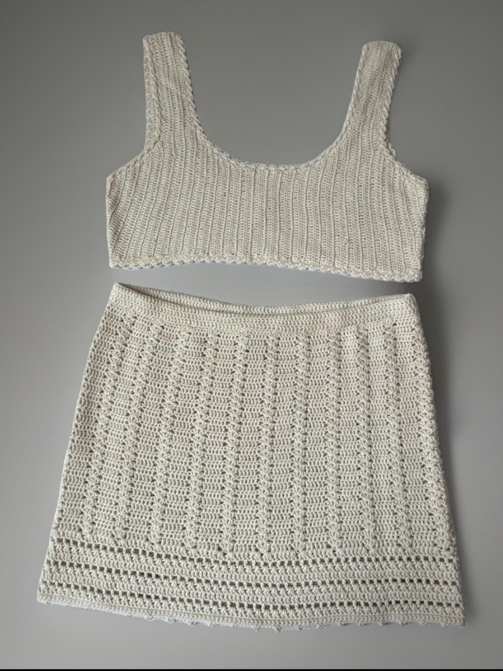 Crochet Crop Top Mini Skirt Set Cream Medium Boho